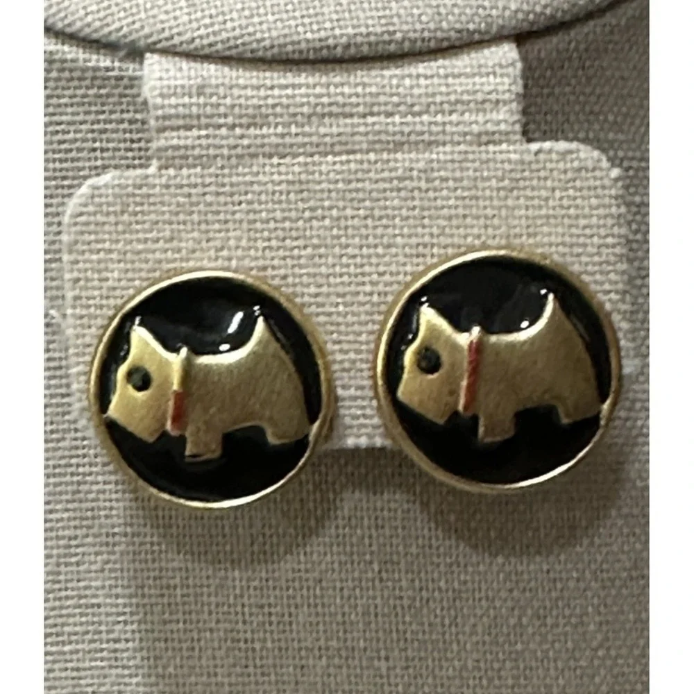 Vintage Black Enamel Dog Button Earrings Gold Tone‎ Accent Red Collar READ